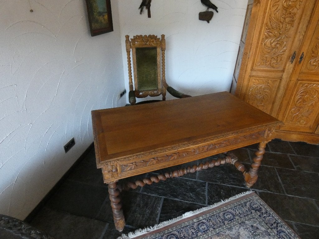 Antiek eikenhouten Barok ensemble: troonarmstoel + tafel, Antiek en Kunst, Antiek | Meubels | Tafels, Ophalen