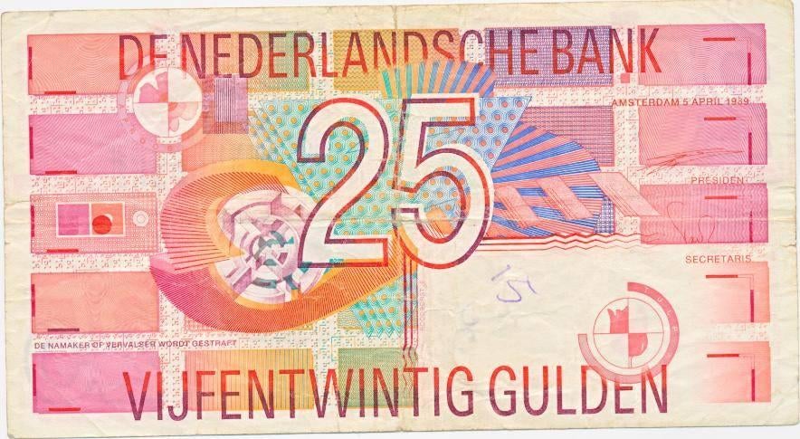 Nederland 25 Gulden 1989 roodborstje misdruk, Ophalen of Verzenden, 25 gulden, Los biljet