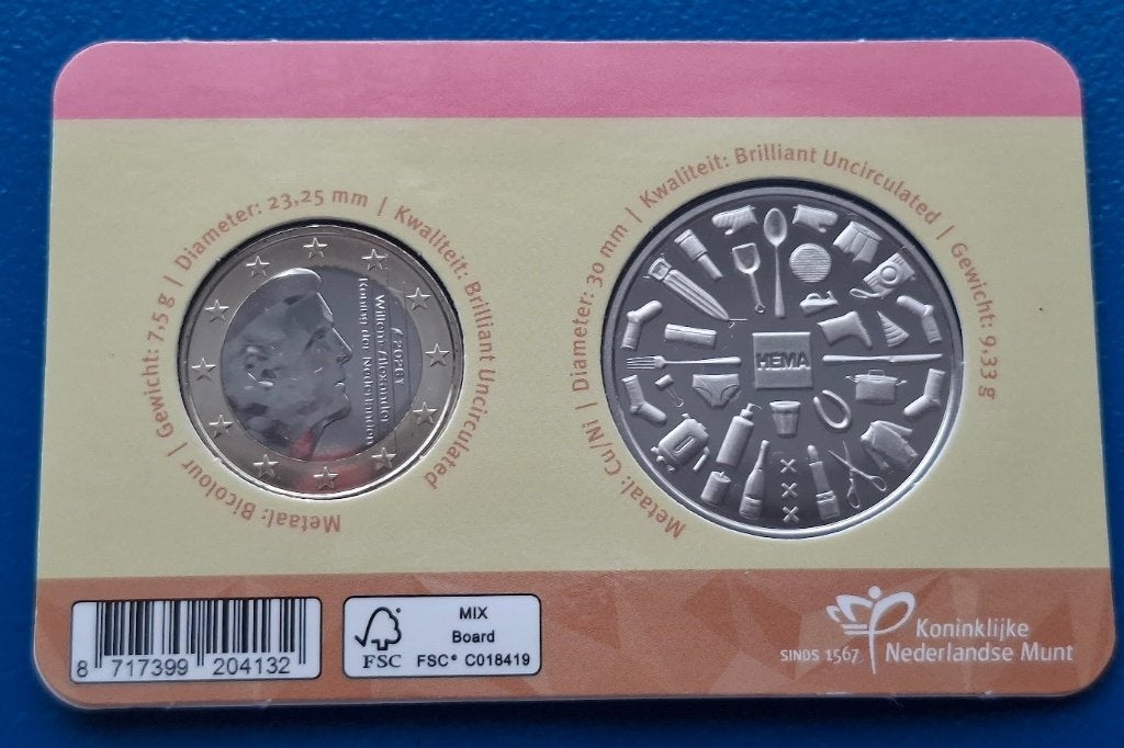 Nederland 100 jaar HEMA 1€ + penning coincard, Verzenden, Overige materialen, Nederland