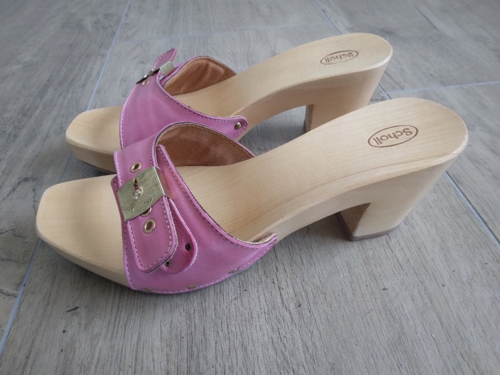 BIJNA NIEUW!!! Halfhoge roze leren kleppers Scholl mt 39, Scholl, Zo goed als nieuw, Roze, Sandalen of Muiltjes