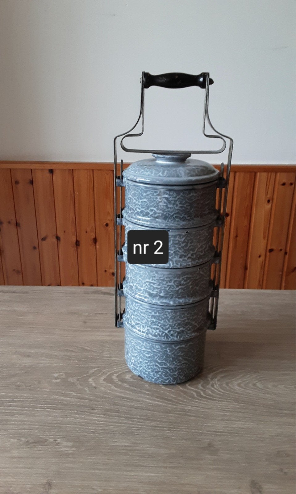 EMAILLE GRIJSGEWOLKTE 5 PANS RANTANG/ETENSDRAGER., Ophalen of Verzenden