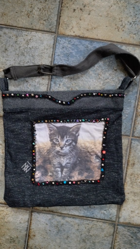schoudertas kattenprint op rekstof gekleurde kralen, Ophalen of Verzenden, Zo goed als nieuw, Overige kleuren