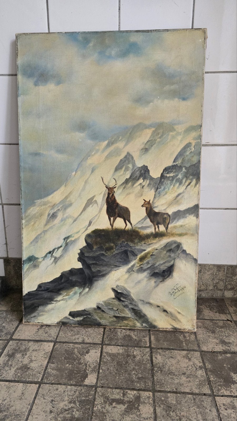 Olieverfschilderij van herten in berglandschap, gesigneerd, Ophalen, Doek, Realistisch, Dieren
