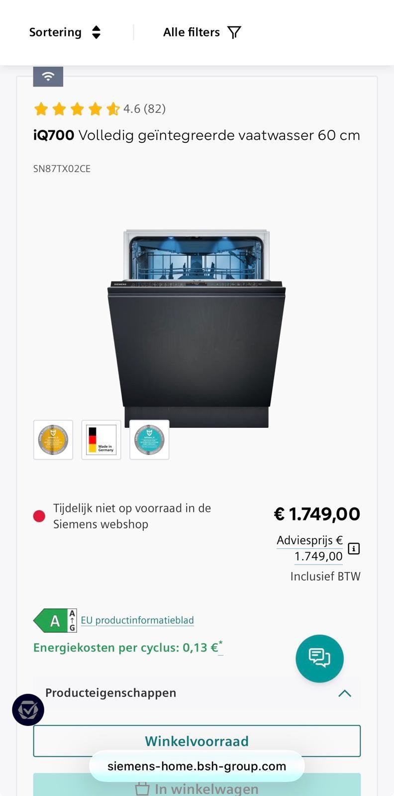 Siemens XXL Inbouw Vaatwasser Luxe, Stil, Energiezuinig, Ophalen, Minder dan 85 cm, 60 cm of meer, Minder dan 10 liter