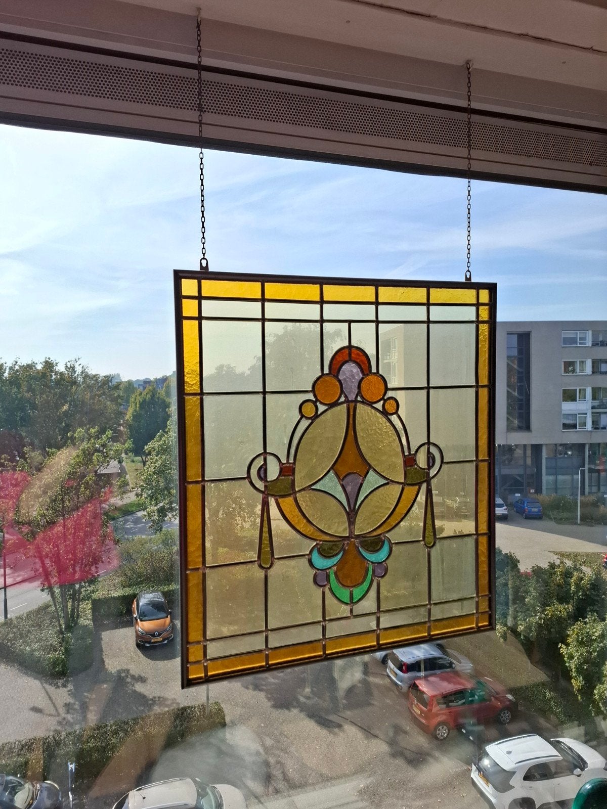 Glas in lood raamhanger met klassiek motief, Antiek en Kunst, Antiek | Glas en Kristal, Ophalen