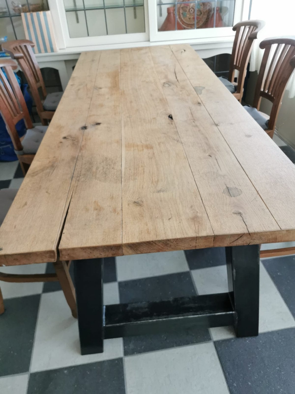 Robuuste stamtafel met stalen A-poten - 240x96x78 cm, Huis en Inrichting, Tafels | Eettafels, Ophalen, Gebruikt, 200 cm of meer
