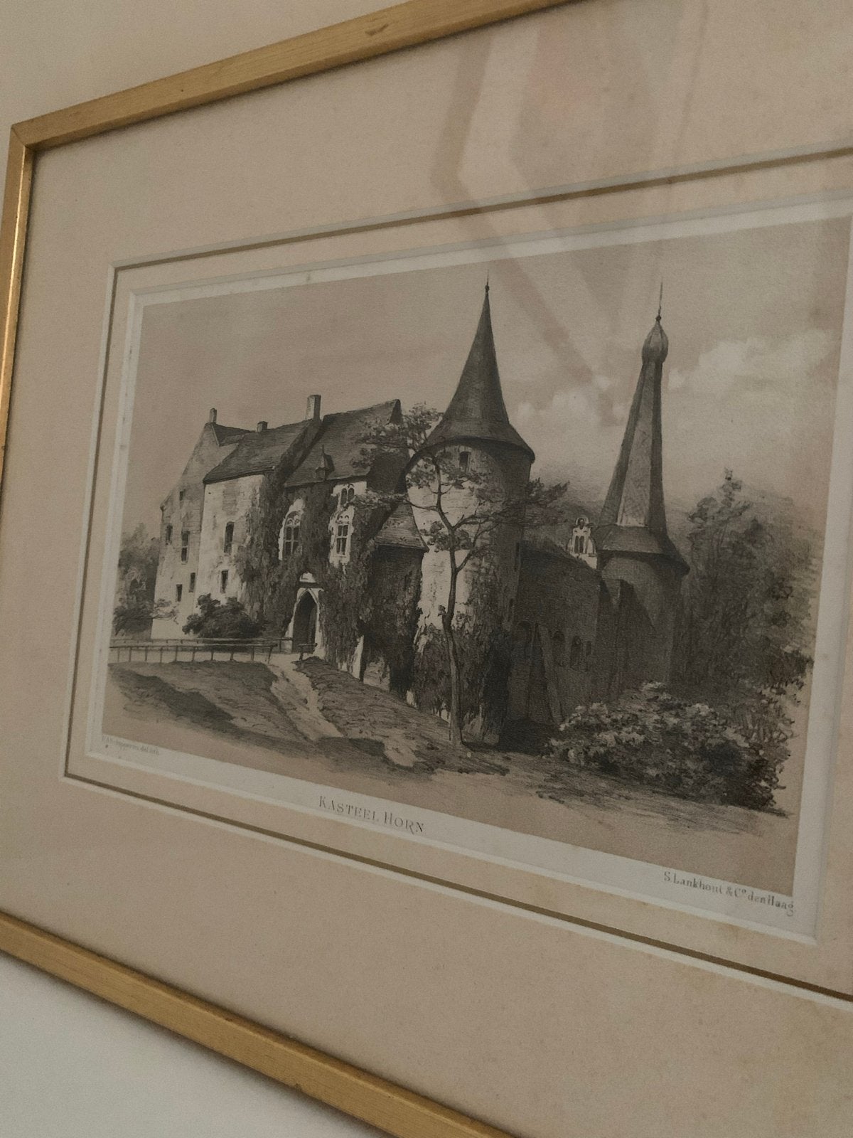 Antieke Gravure Kasteel Horn - S. Lankhout & C.A.B. de Laat, Ingelijst, 1800 - 1899, Architectuur, Ophalen of Verzenden