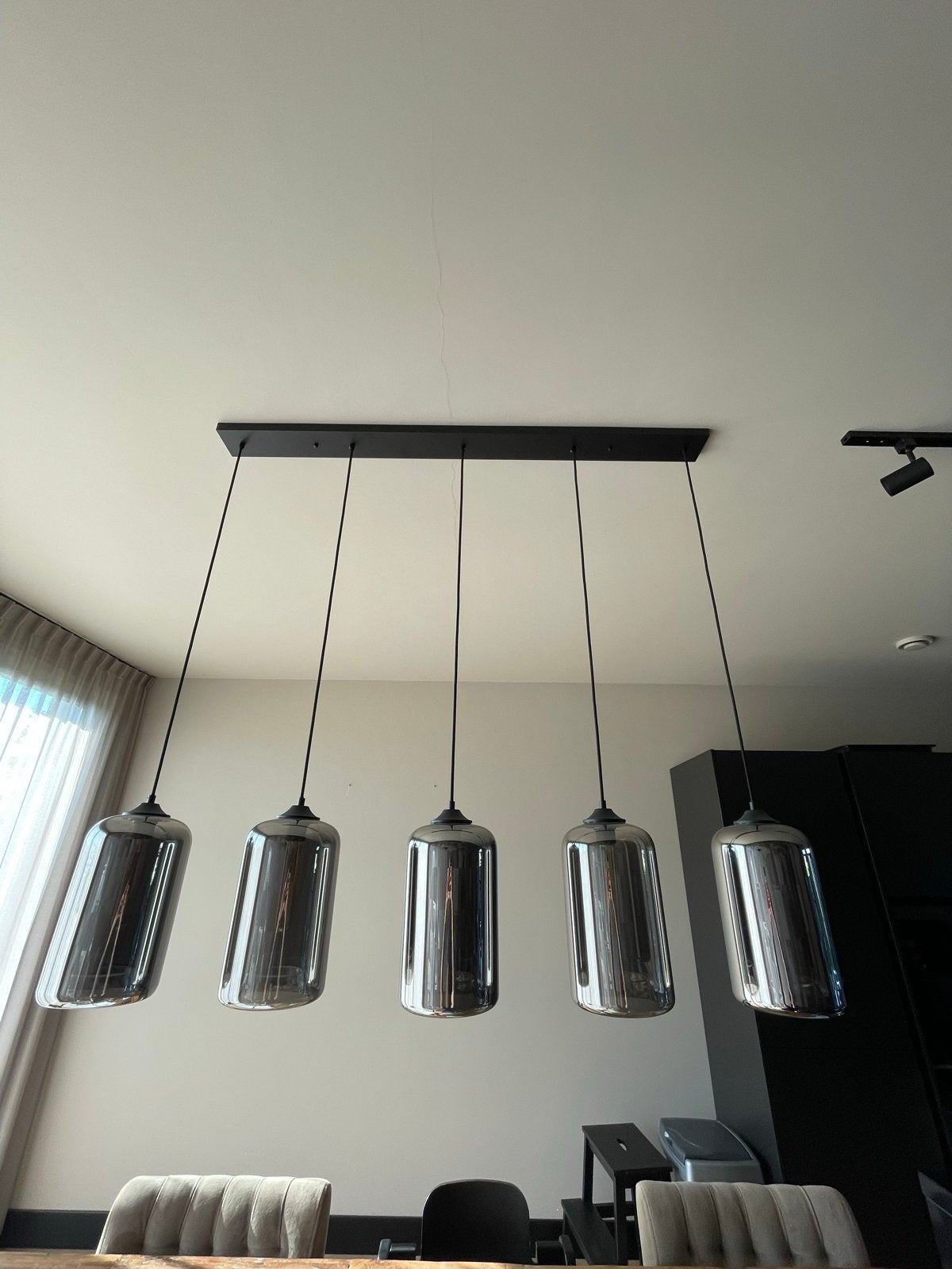 Moderne hanglamp eettafel - Zwart smoked glas, Huis en Inrichting, Ophalen, Zo goed als nieuw, Glas, E27 (groot)