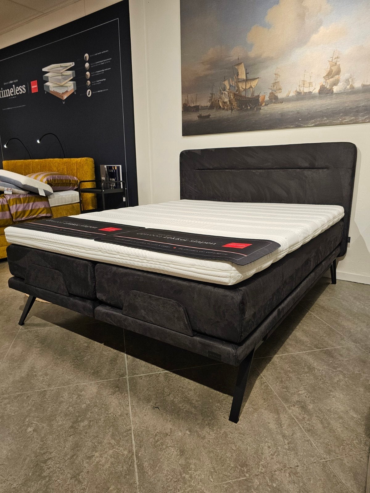 Norma 1884 Boxspring 160x200 Antraciet Alcantara Leer, Overige materialen, Ophalen of Verzenden, 200 cm, Grijs