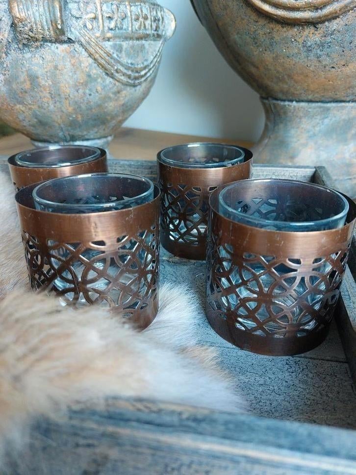 Tealight Waxine theelichthouder metaal + glas 4 stuks Nieuw, Overige kleuren, Nieuw, Ophalen of Verzenden, Metaal