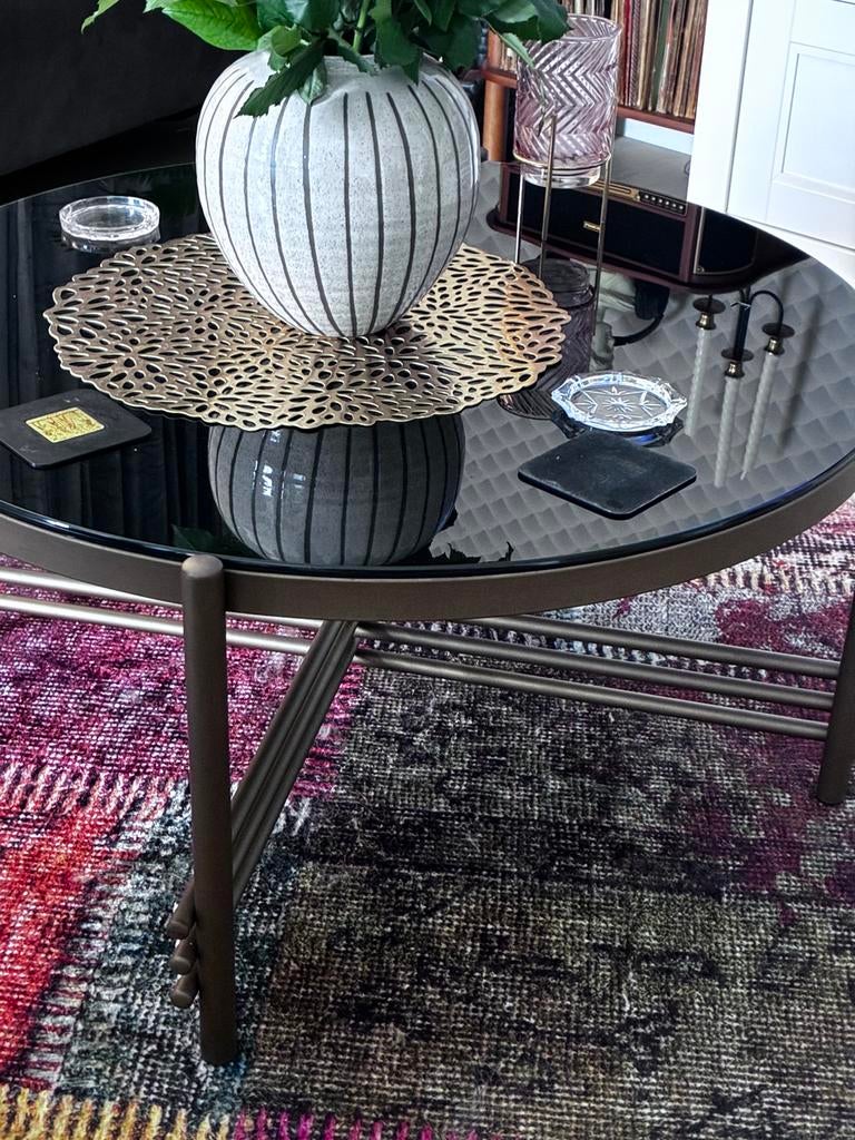 Te koop, Mooie Home STyle" zwarte salon tafel van rookglas, Huis en Inrichting, Tafels | Salontafels, 50 tot 100 cm, Rond, Zo goed als nieuw