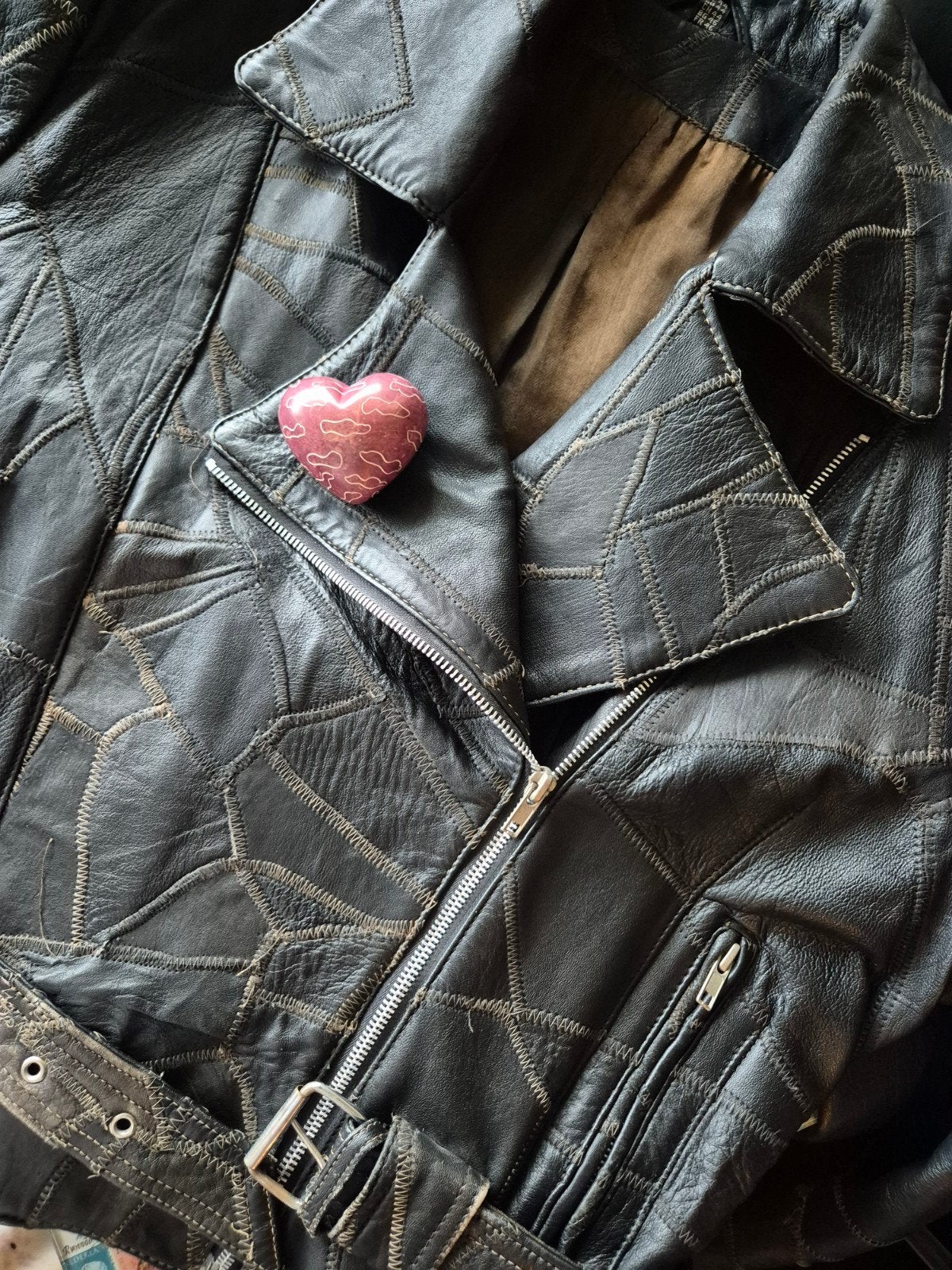 Vintage 1980's - Unique belted cropped patchwork Bikerjack, Jas | leer, Dames, Tweedehands, Ophalen