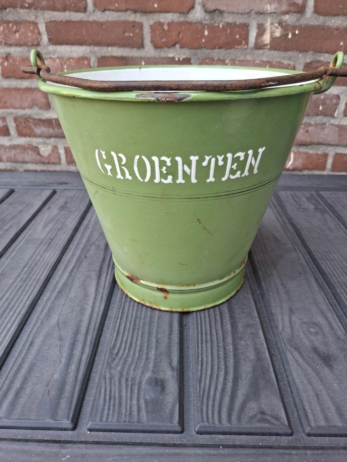 Vintage Emaille Groente Emmer - Groen, Ophalen