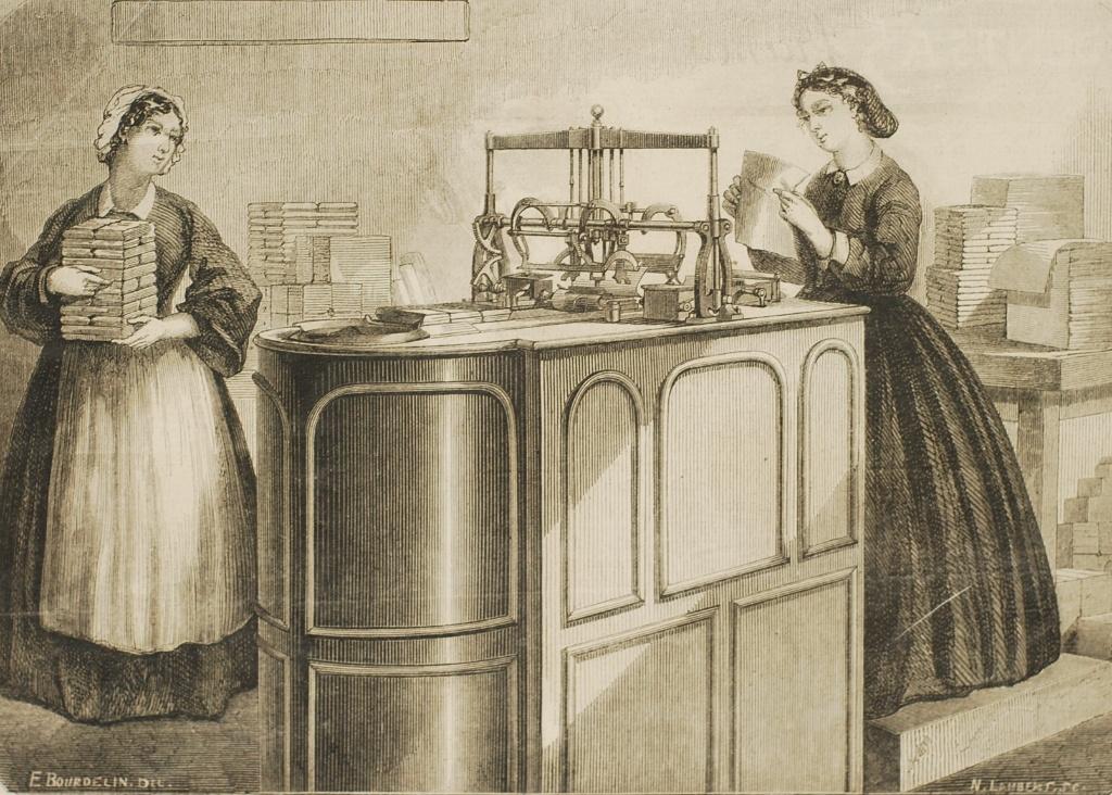 chocoladeverpakkingsmachine - Antieke illustratie (1863), Verzenden, Voor 1940, Zo goed als nieuw