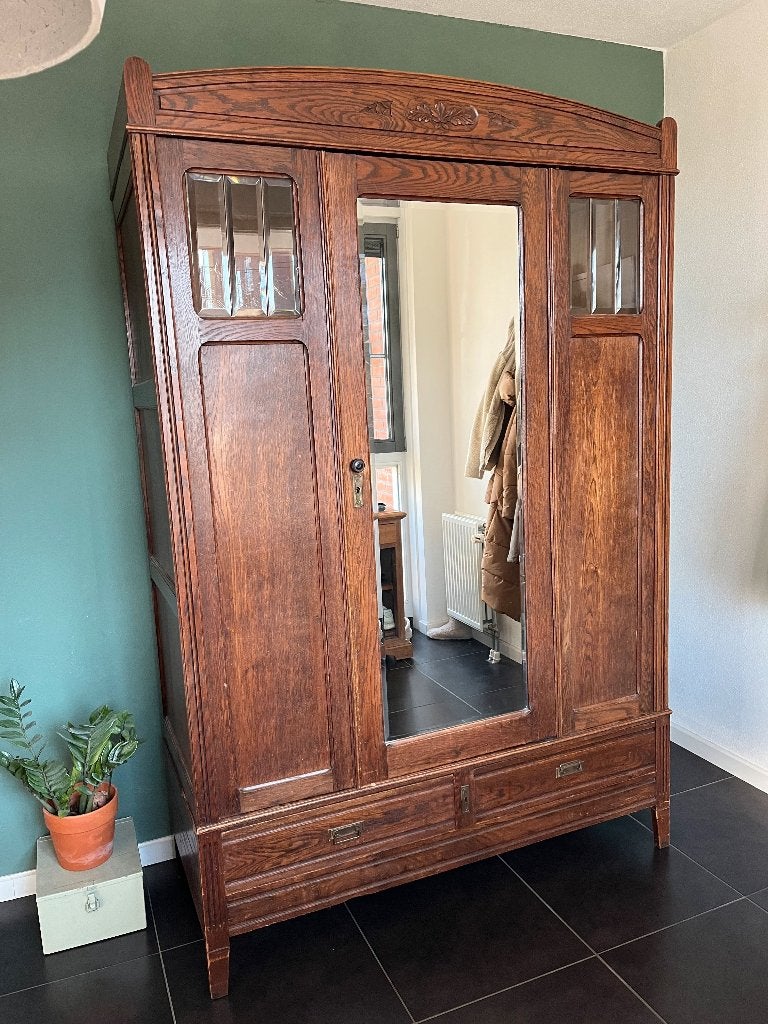 Antiek eiken kleding linnen meiden vintage art deco spiegel, Glas, Gebruikt, 100 tot 150 cm, 200 cm of meer