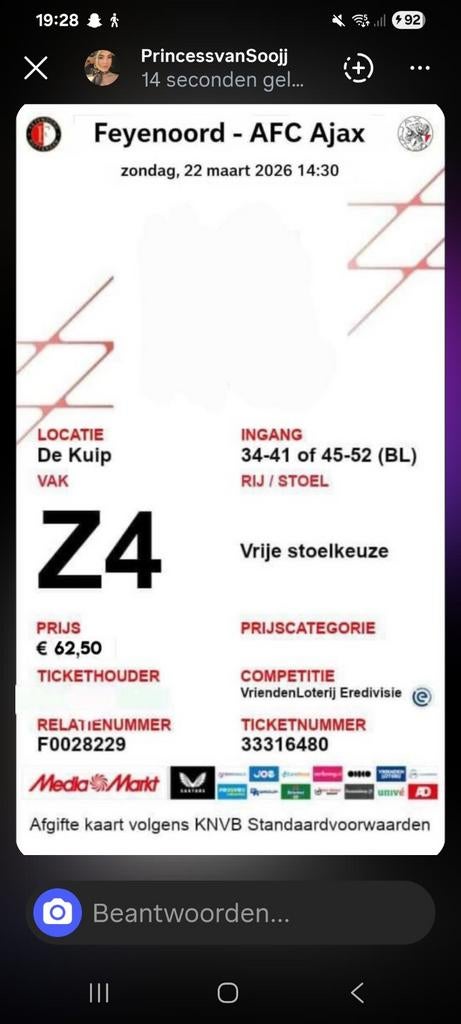 Feyenoord-Ajax, Tickets en Kaartjes, Seizoenskaart, Eén persoon