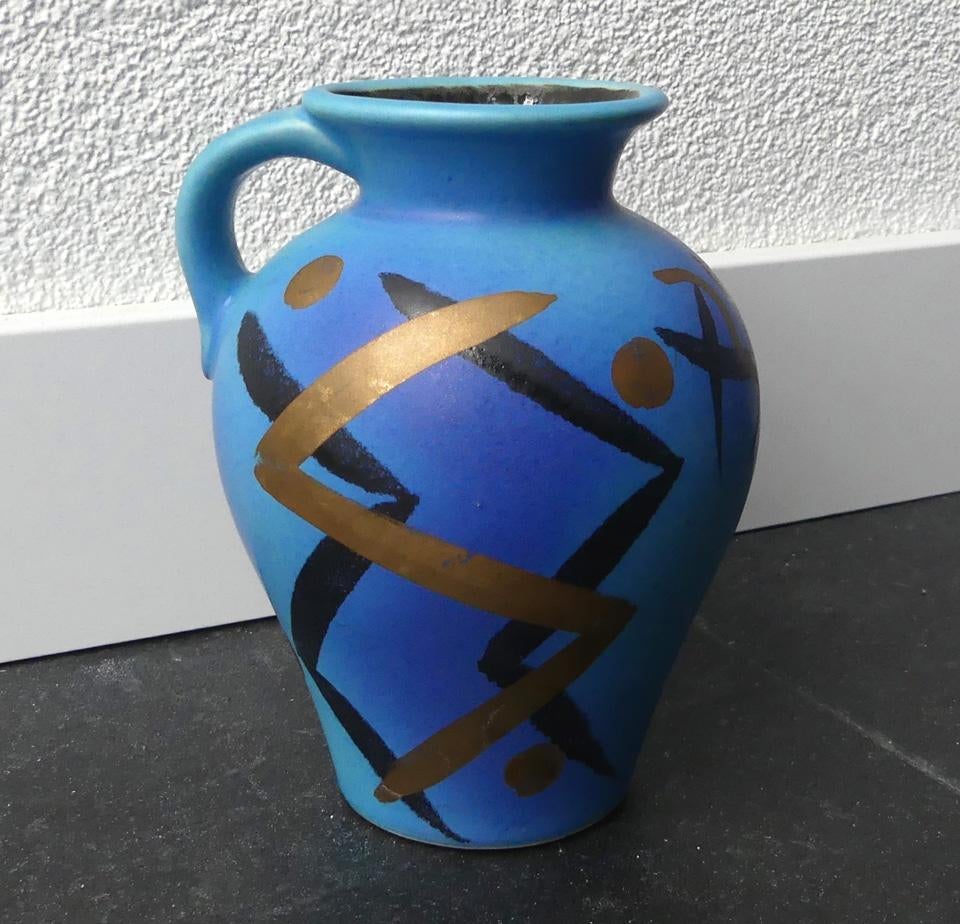 Bay Keramik vaas 483 14 vintage West-Germany blauw goud, Ophalen of Verzenden, Gebruikt, Blauw
