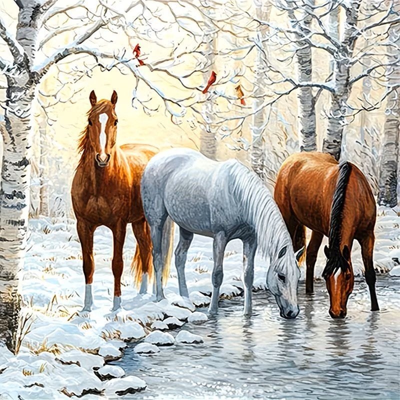 40x40cm Diamond Painting paarden in sneeuw nr 591, Verzenden, Nieuw, Meerkleurig, Overige materialen