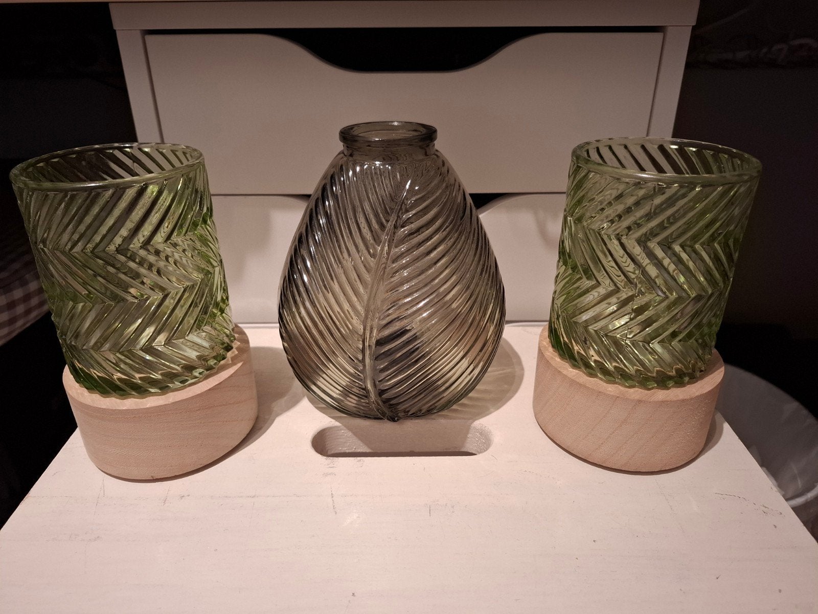 Set van 3 glazen vazen/windlichten - groen, Gebruikt, Ophalen of Verzenden, Glas, Meerkleurig
