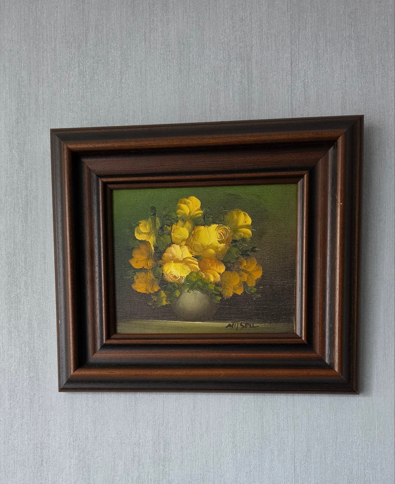 Schilderij met gele rozen in vaas, gesigneerd, Doek, Realistisch, Olieverf, Origineel werk
