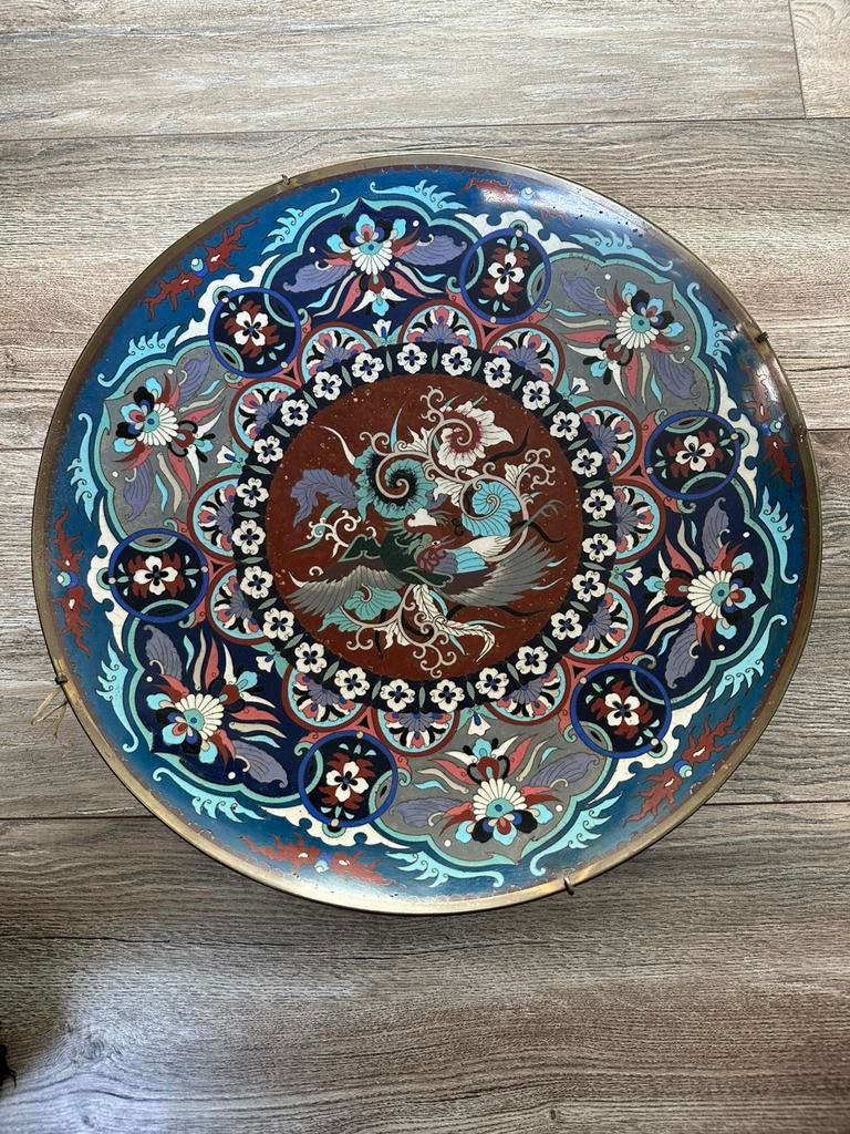 Antieke Japanse Grote Cloisonne Bord, Ophalen of Verzenden
