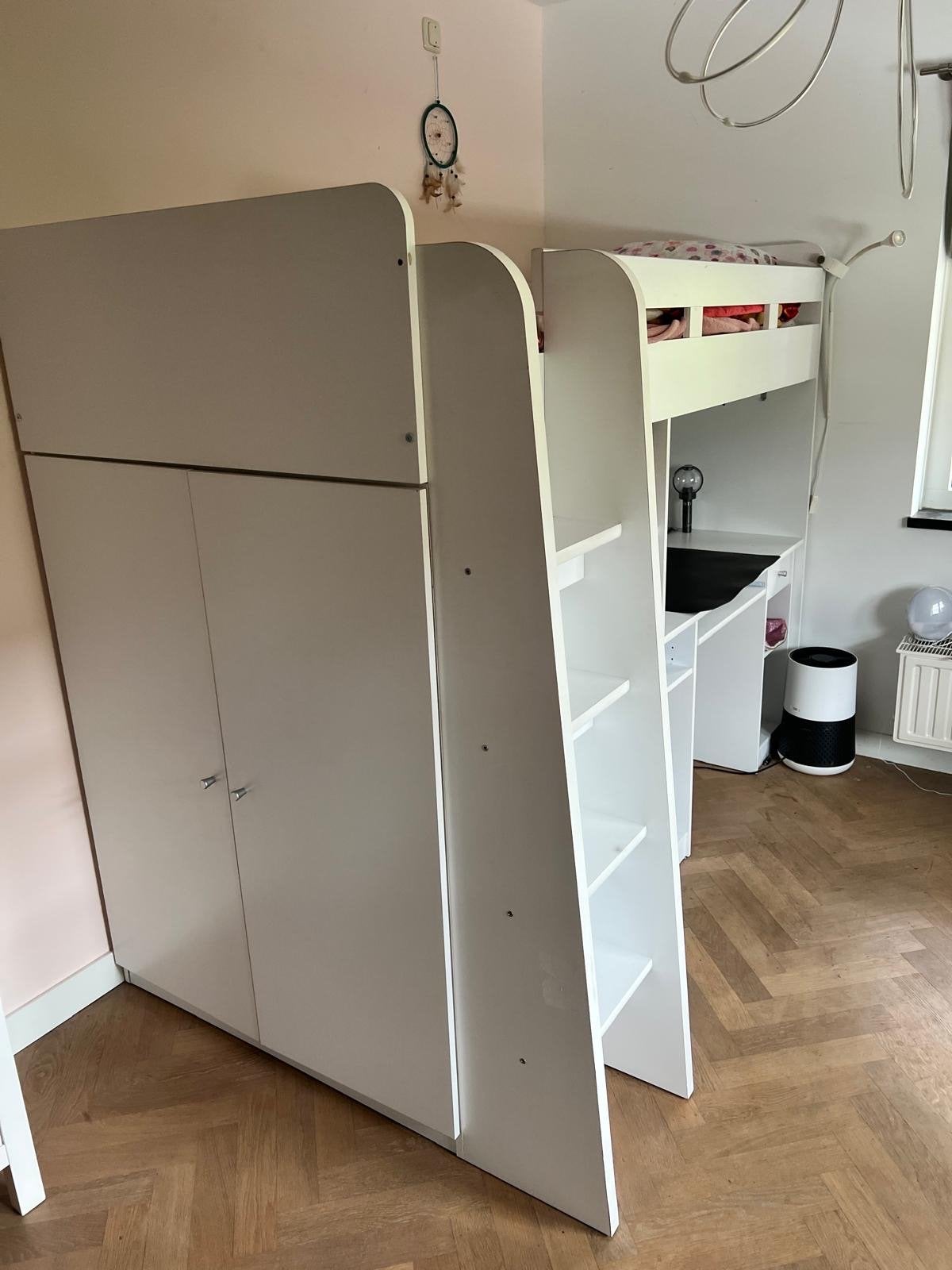 Half-hoogslaper met bureau en kast - Wit, Ophalen, Gebruikt, Eenpersoons, 160 tot 180 cm