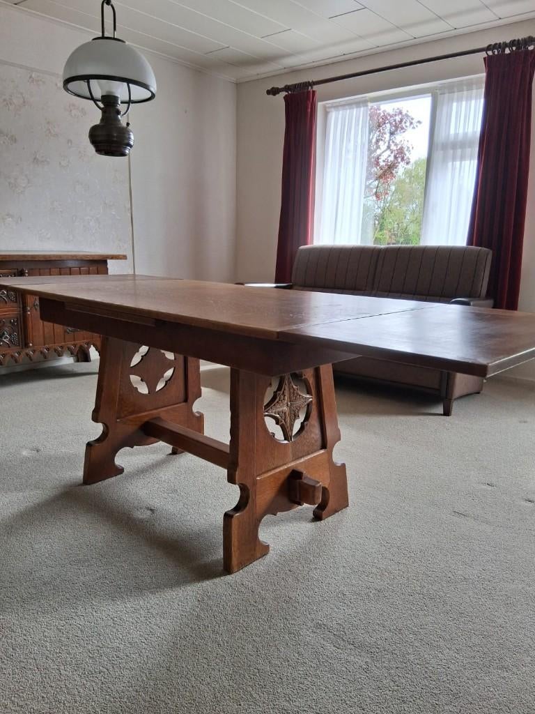 Massief eikenhouten eettafel (uitschuifbaar), Ophalen, Gebruikt, Eikenhout, 200 cm of meer