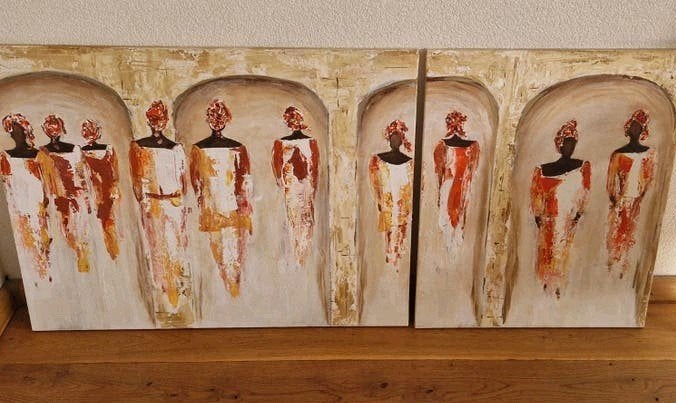 2-luik: Handgeschilderde Afrikaanse Vrouwen, Afrika, Ophalen of Verzenden, Geschilderd, Meerkleurig