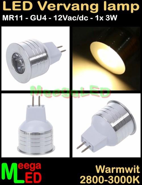 LED lamp spot MR11 GU4 LEDspot 3 watt 12V - 3W, Led-lamp, Minder dan 30 watt, Nieuw, Bipin of Steekvoet