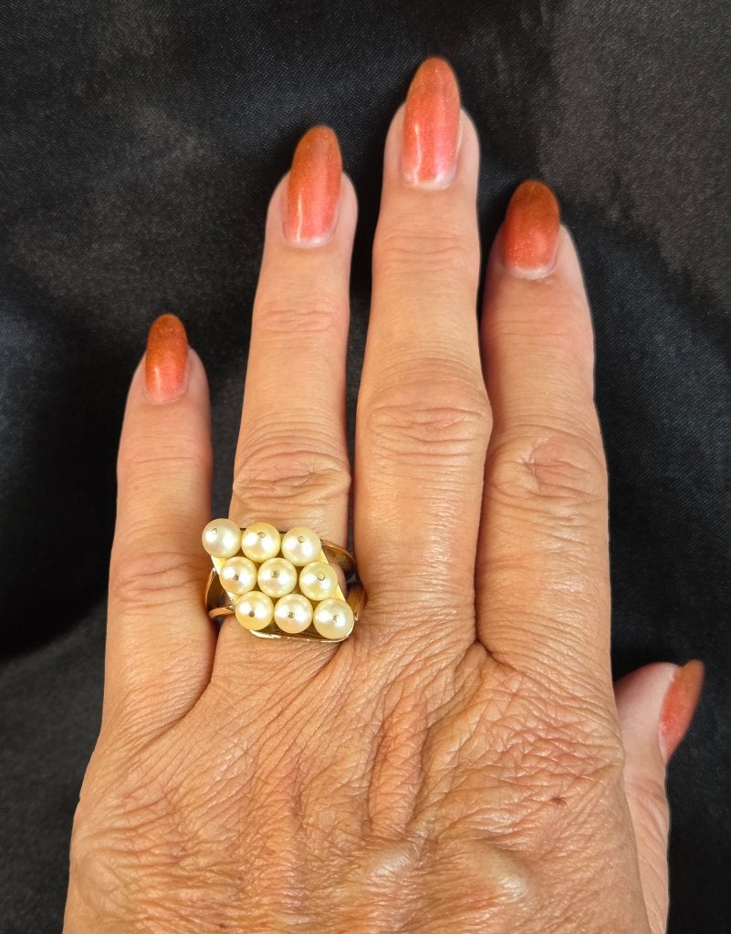 Gouden Vintage cocktailring met parel. 2026/349, Sieraden, Tassen en Uiterlijk, Antieke sieraden, Ophalen of Verzenden, Goud, Ring