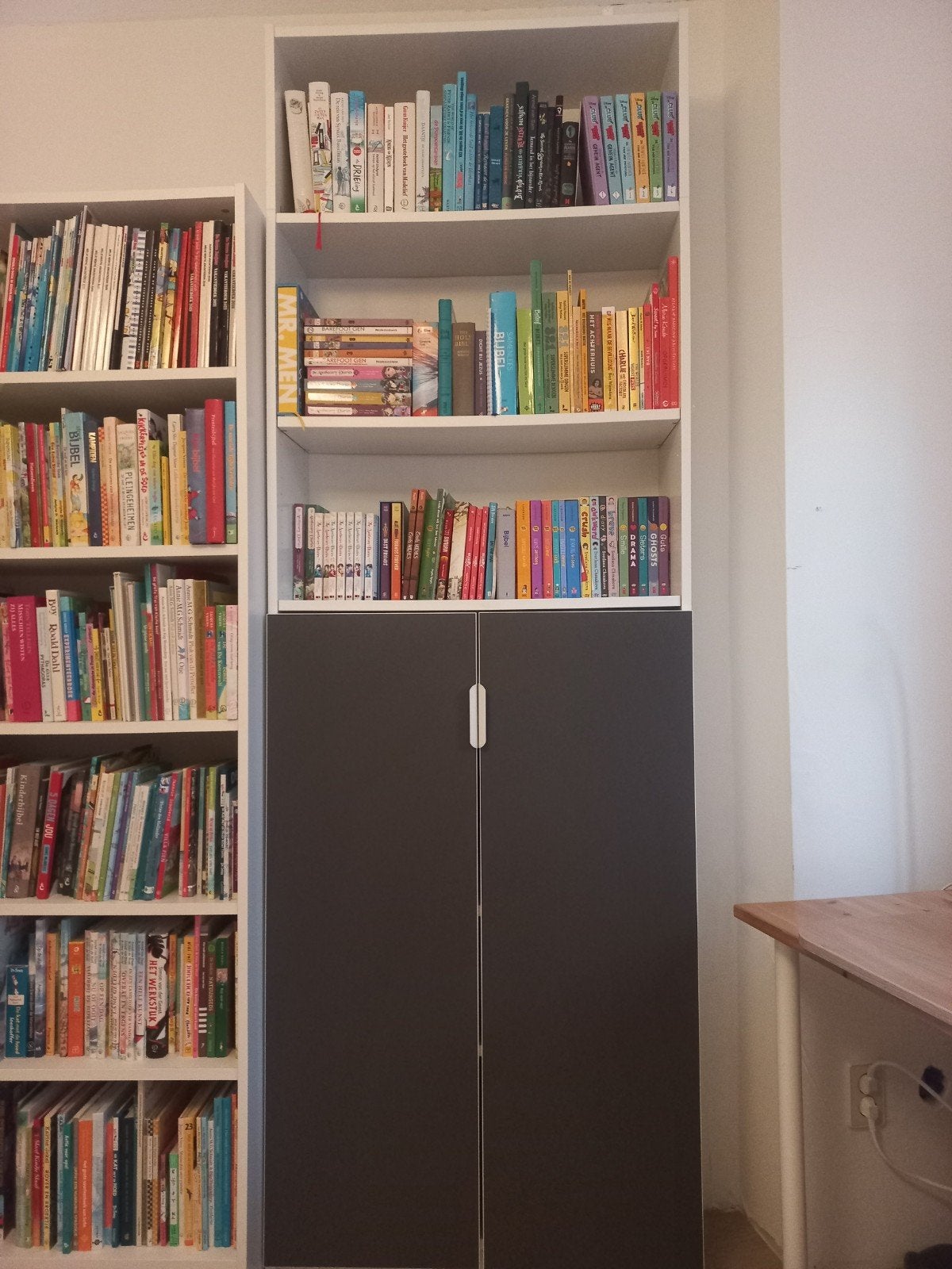 IKEA Billy Boekenkast met Oxberg deuren (wit/donkergrijs), Ophalen, 200 cm of meer, 50 tot 100 cm, 25 tot 50 cm