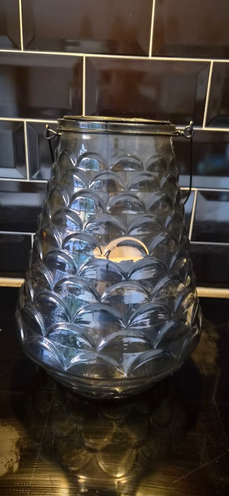 Glazen kaarsenhouder, Windlicht, Ophalen of Verzenden, 32 cm, Blauw