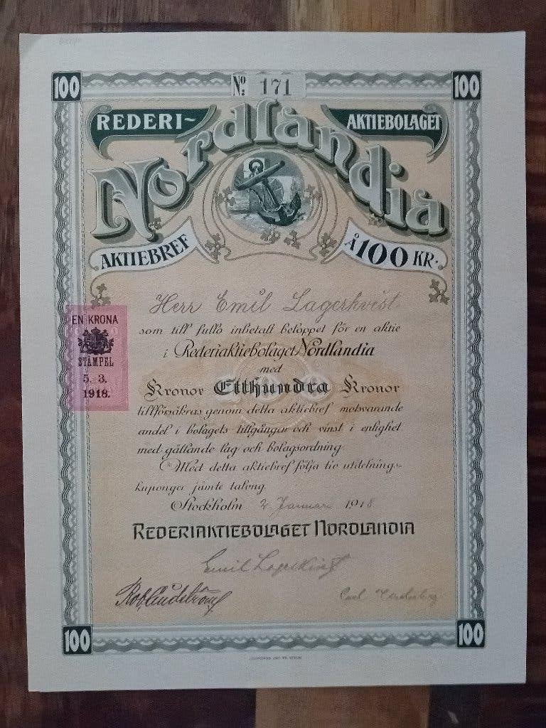 Scheepvaart aandeel Zweden - 1918, Verzamelen, Scheepvaart, Ophalen of Verzenden, Zo goed als nieuw, Kaart, Foto of Prent