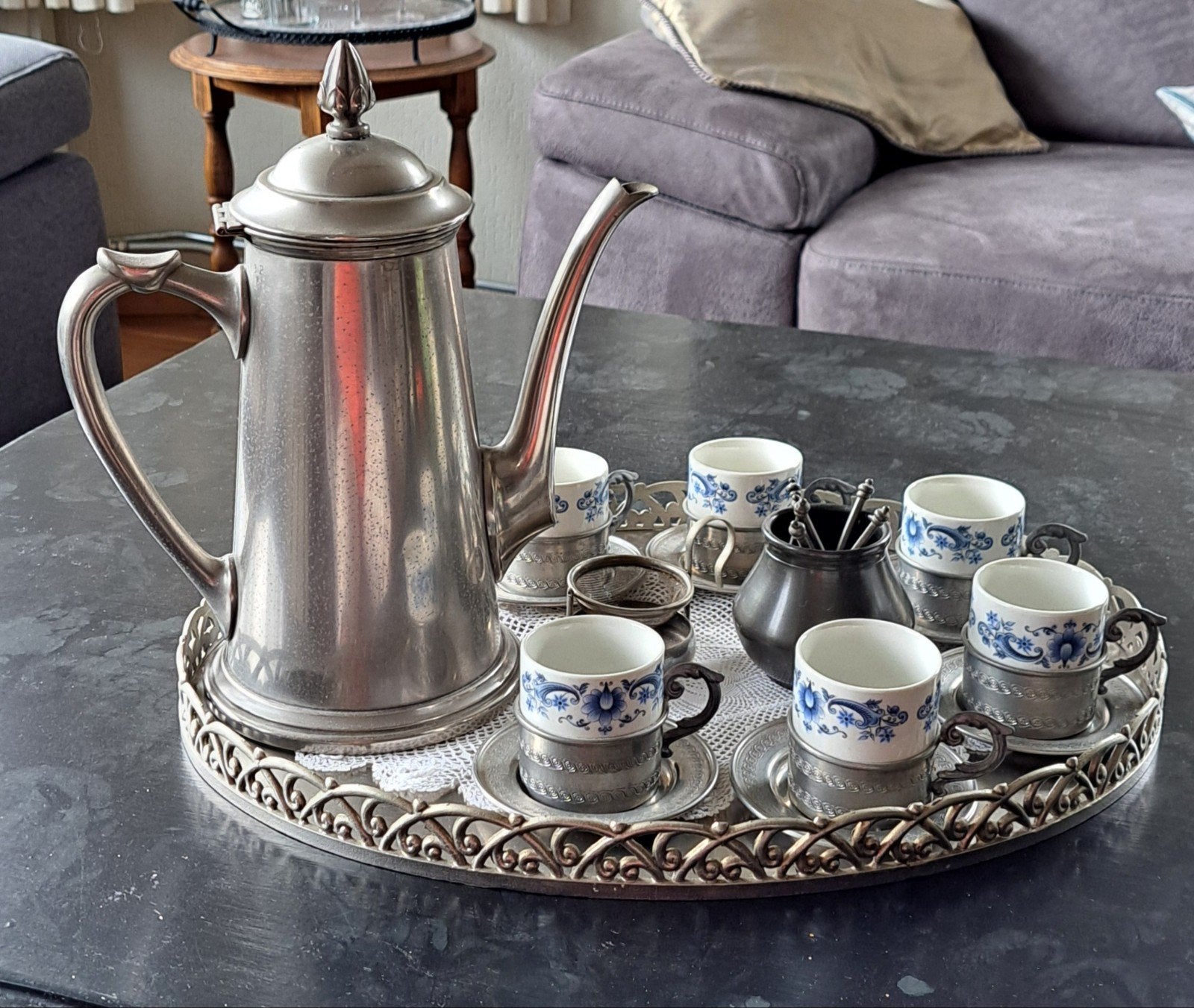 Antieke koffie- of theeset met dienblad, Antiek en Kunst, Ophalen of Verzenden