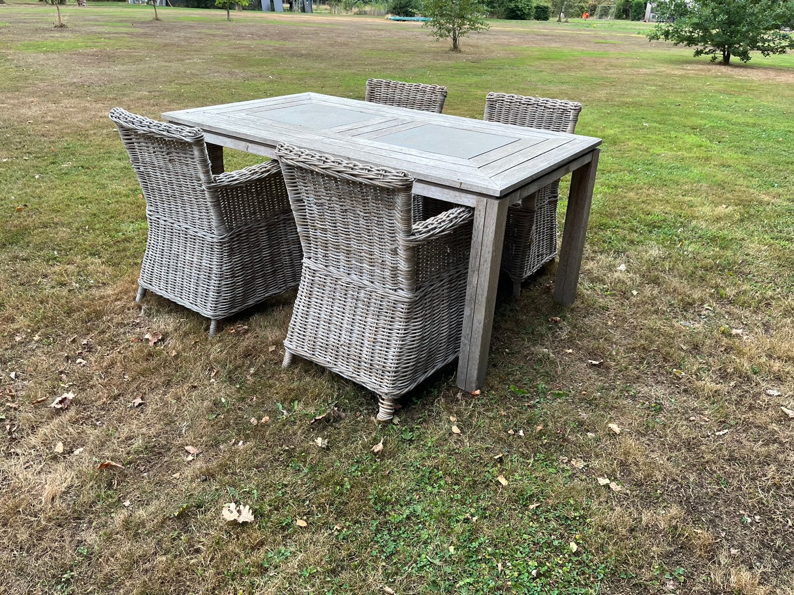 Hardhouten thuintafel 165 x 95 met 4 rieten stoelen, Tuin en Terras, Ophalen, Gebruikt, Rechthoekig, Hout