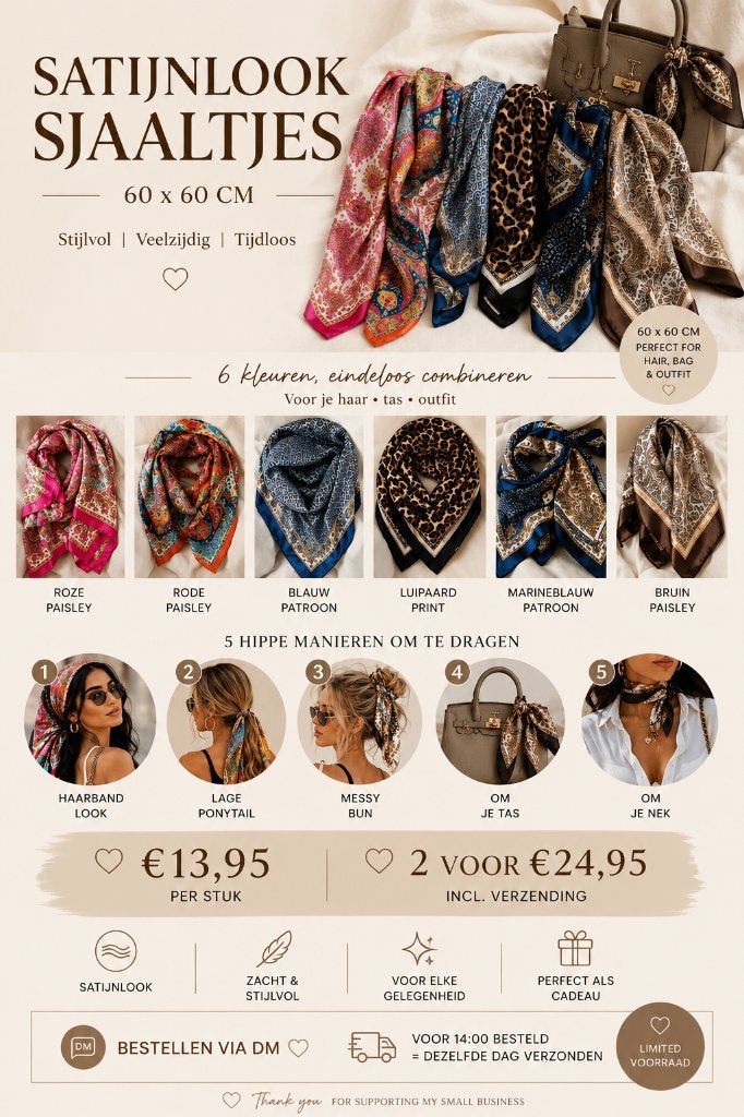 Mooie Satijnlook sjaaltjes in verschillende printen, Verzenden, Nieuw, Sjaal