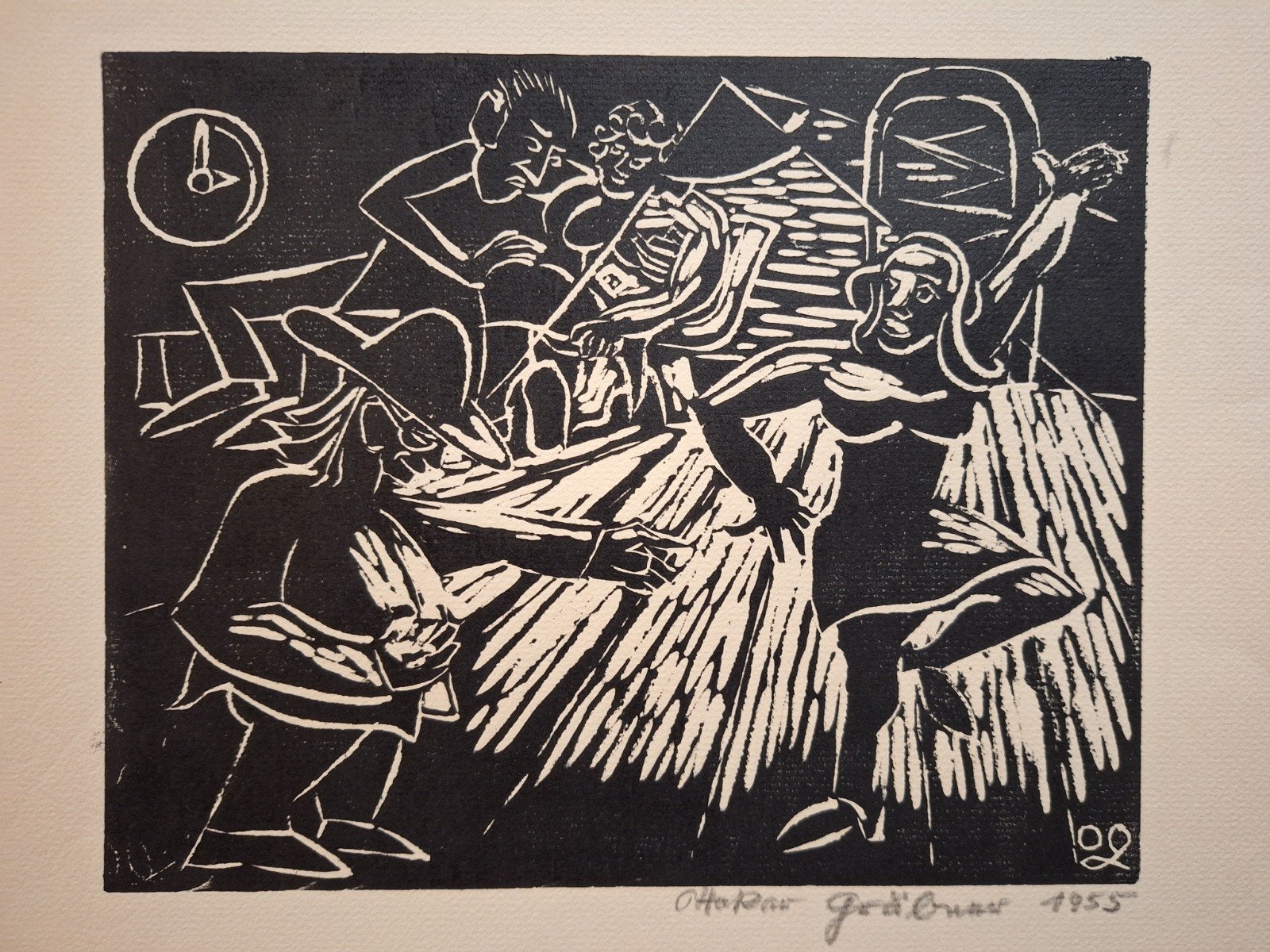 Houtsnede Ottokar Grabner - Expressieve scène, Antiek en Kunst, Kunst | Etsen en Gravures, Ophalen of Verzenden
