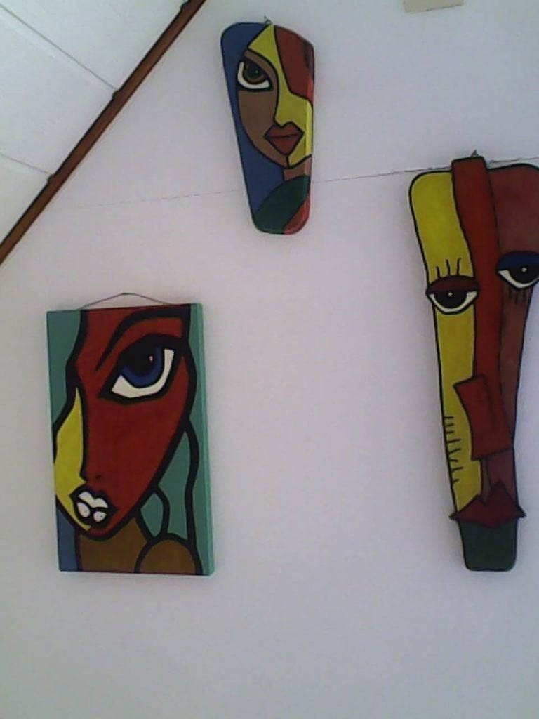 Abstracte gezichten wanddecoratie - set van 3, Huis en Inrichting, Schilderij, Hout, Meerkleurig, Ophalen of Verzenden