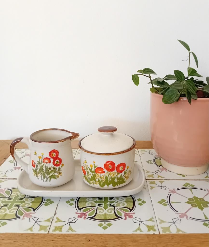 Vintage wildflower Suiker- en Melkset met Klaprozen Design, Ophalen of Verzenden