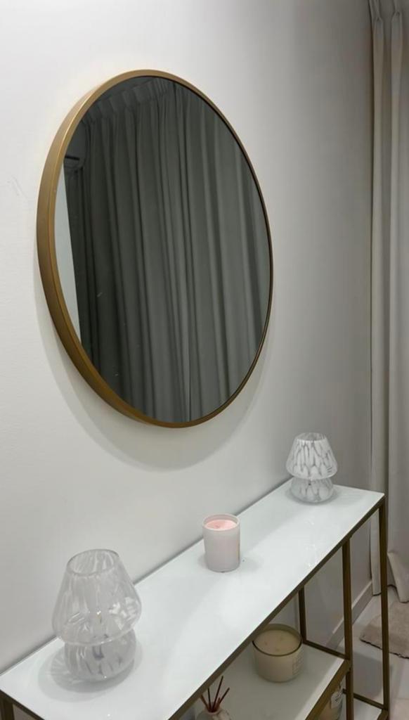 Goude spiegel met wit goud regaal, Minder dan 50 cm, Rond, Ophalen of Verzenden, Zo goed als nieuw