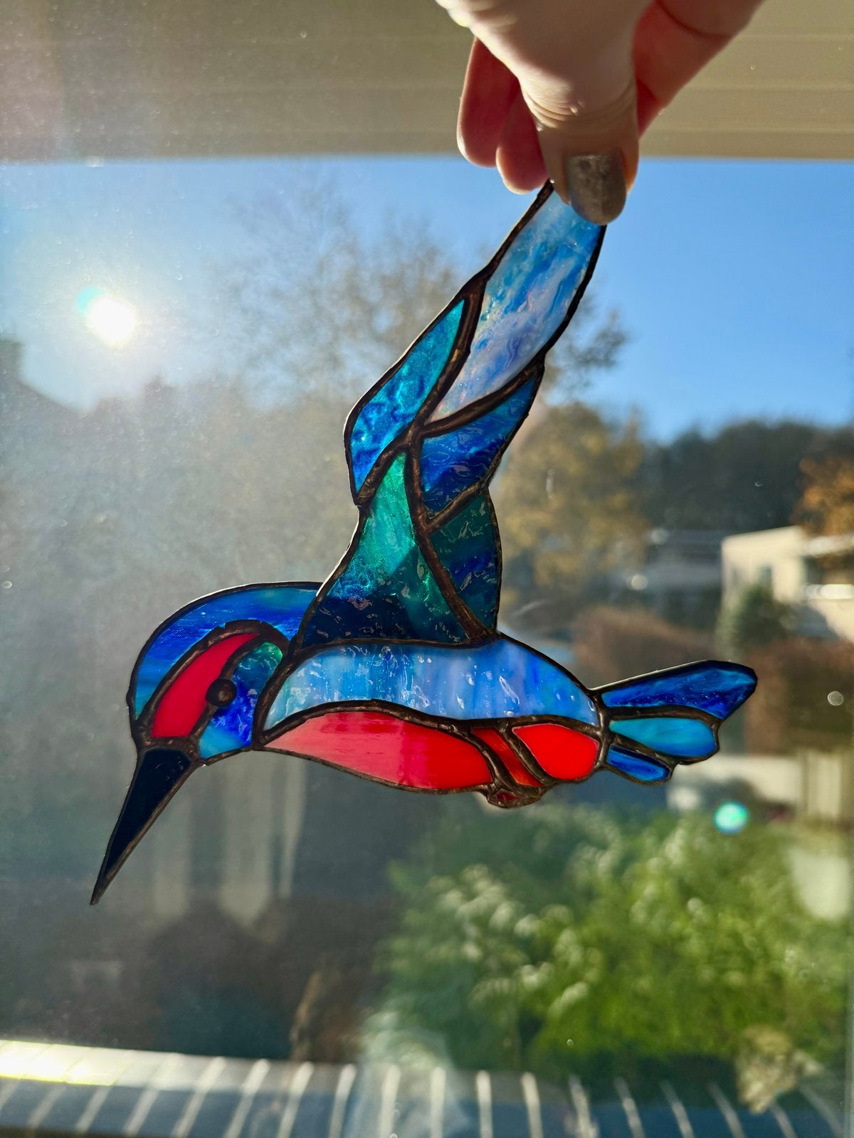 Glas in lood kolibrie - Handgemaakte raamdecoratie, Ophalen of Verzenden