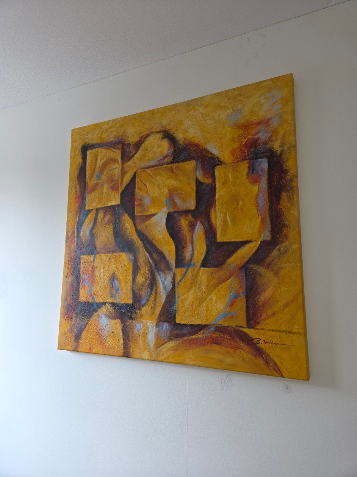 Abstract Schilderij: Gele en Bruine Tinten met Textuur, Ophalen