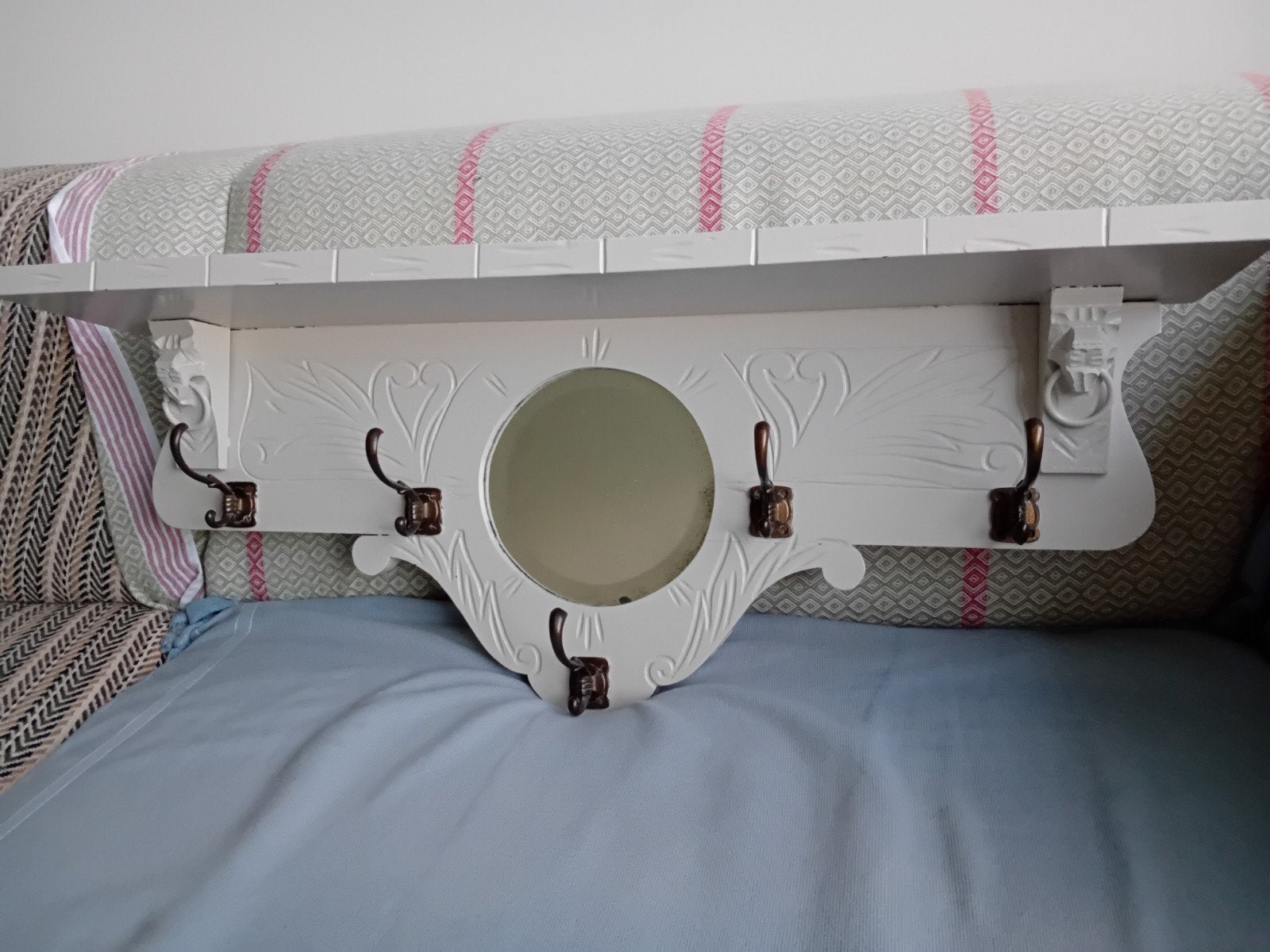 Antieke houten Kapstok Wit met Spiegel & Hoedenplank, Ophalen