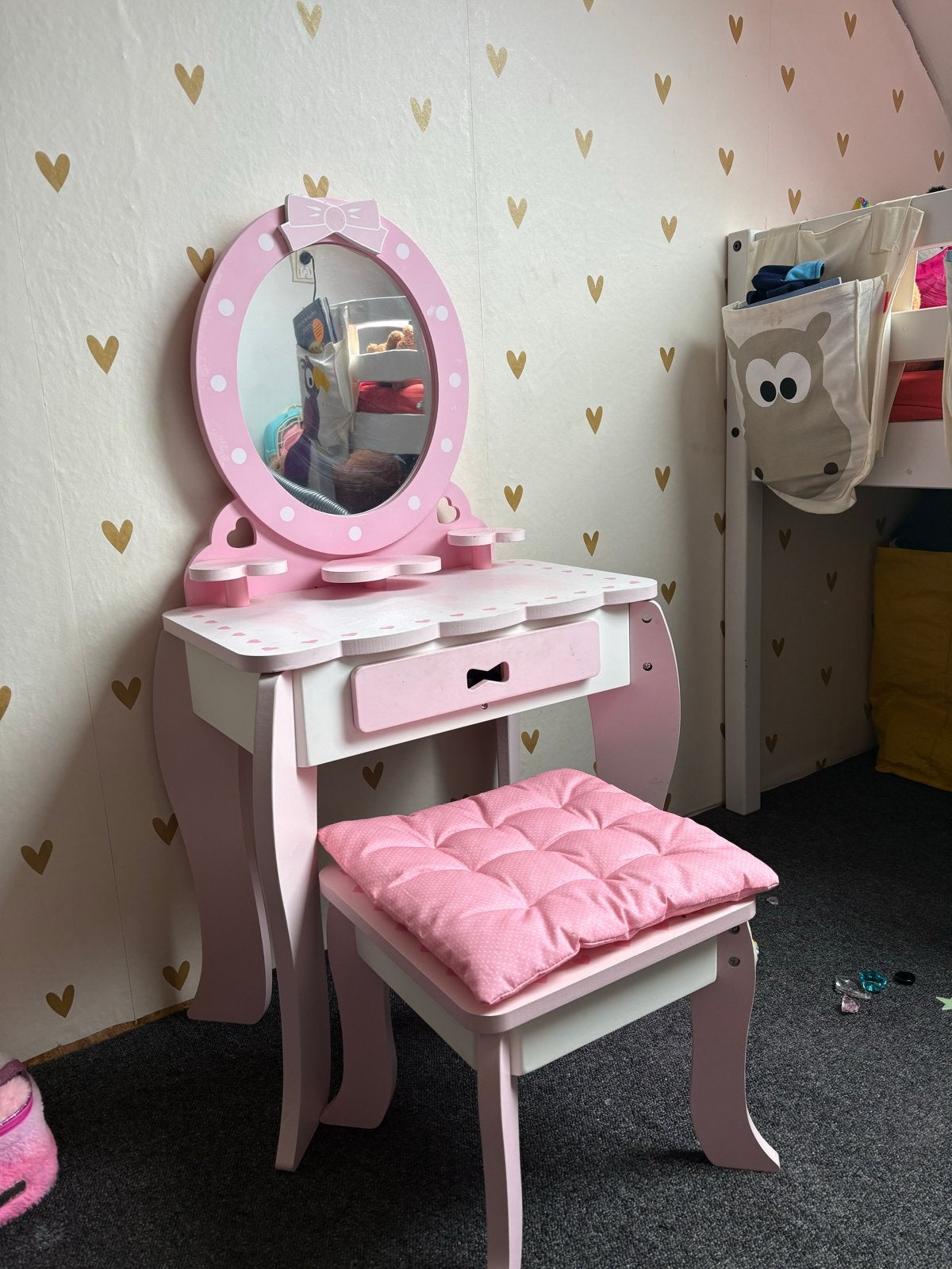 Roze houten kaptafel met krukje voor kinderen, Minder dan 50 cm, Ophalen of Verzenden, Zo goed als nieuw, Minder dan 100 cm