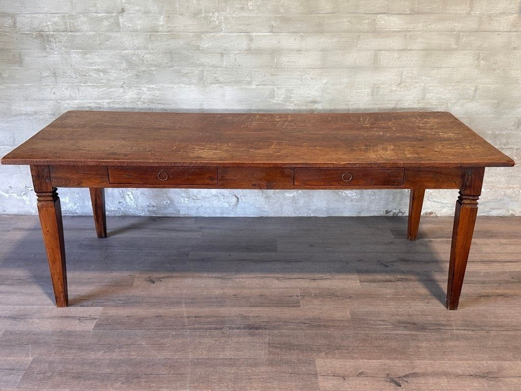 Franse boerentafel - 219 x 90 cm + 79 cm hoog / 2 lades, Gebruikt, Eikenhout, 200 cm of meer, Vijf personen of meer