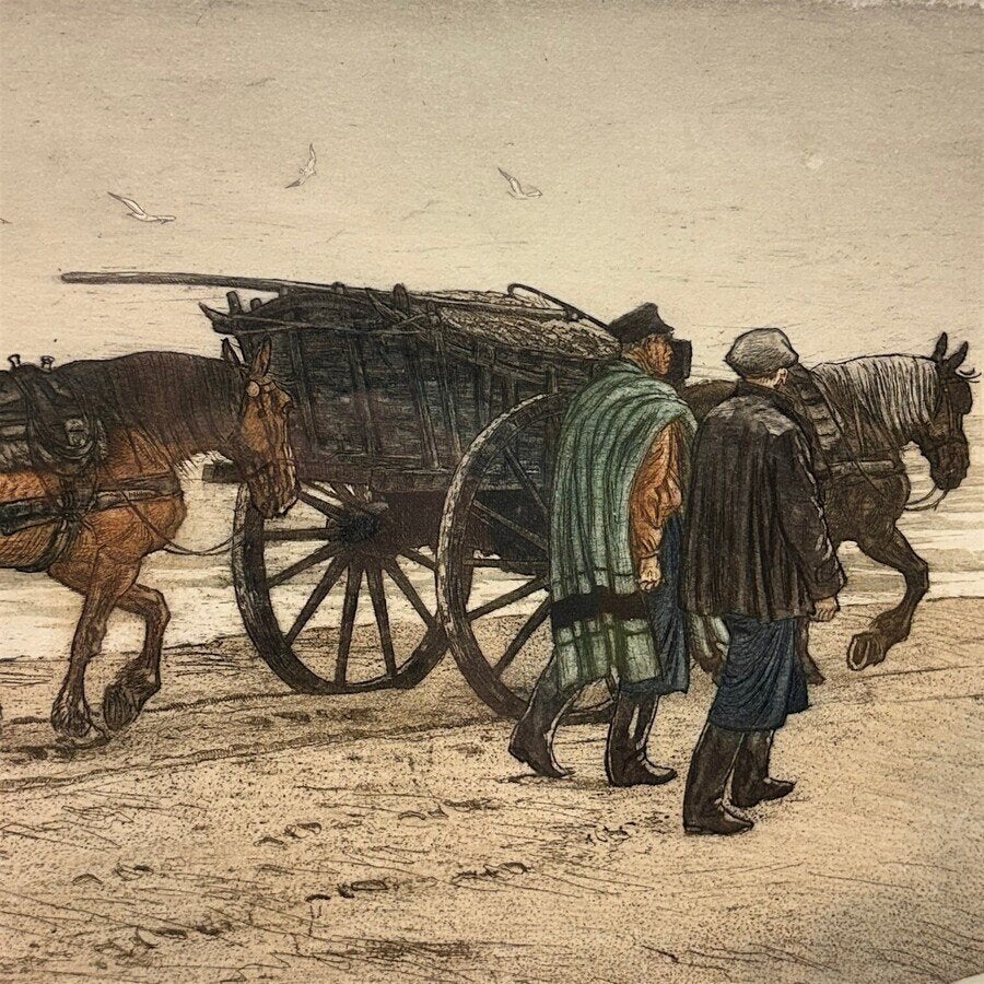 Tjeerd Bottema (1884-1978) - 'Schelpenvisschers', Ophalen of Verzenden, Dagelijks leven, Ets, Ingelijst