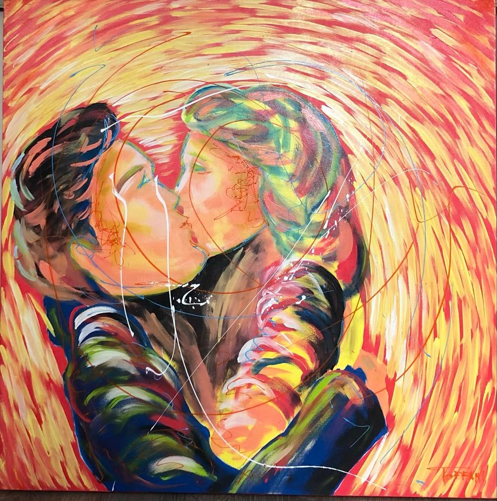 Roberto Toffani Schilderij: De Kus en L’Amour - 100x100 cm, Antiek en Kunst, Ophalen