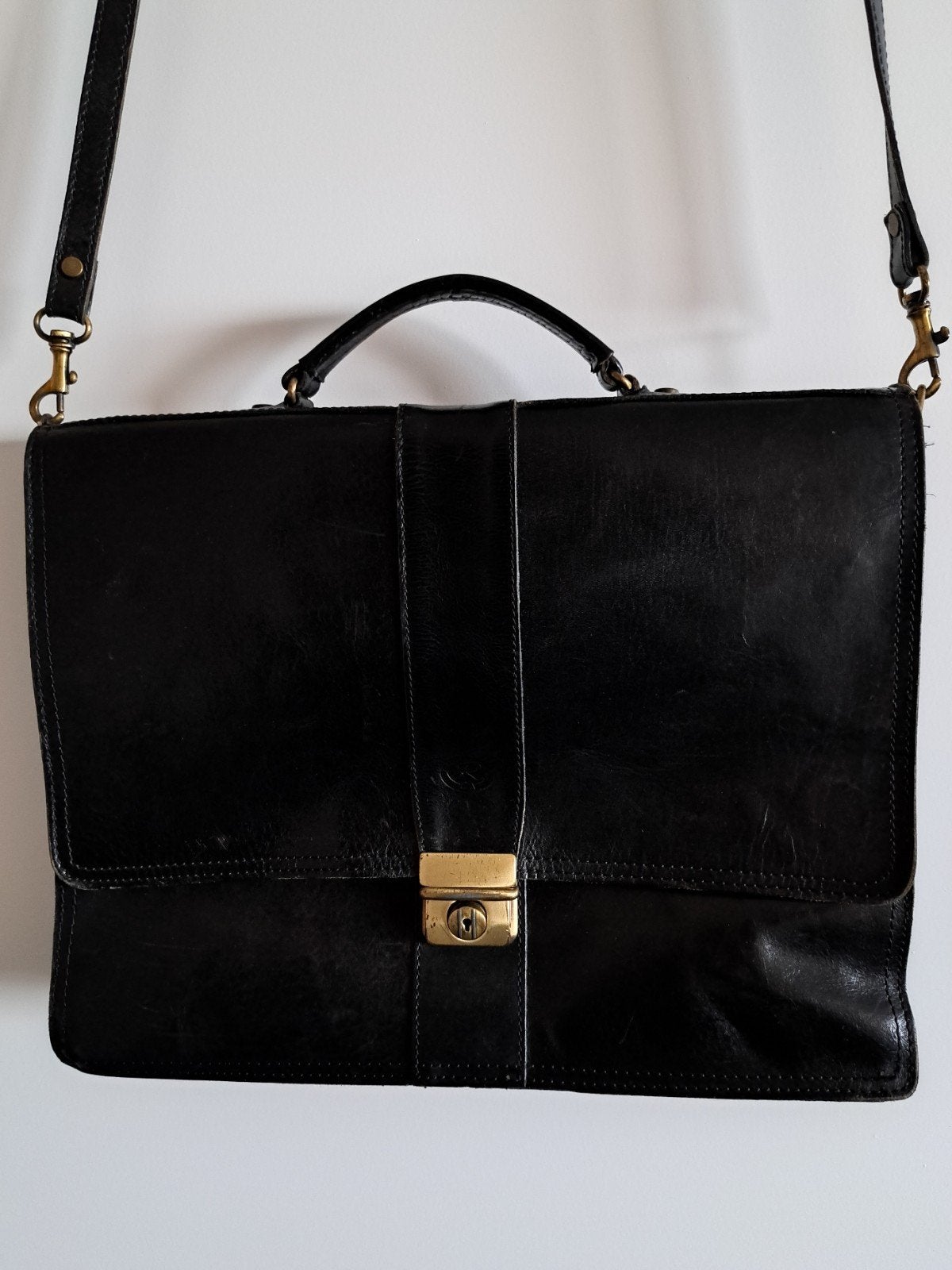 Vintage zwart leren unisex aktetas laptoptas schoudertas, Overige merken, Gebruikt, Zwart, Ophalen of Verzenden