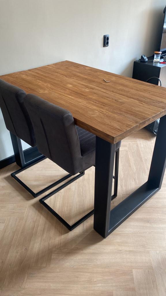 Bar tafel teakhout rough met 4 stoelen, Ophalen, 100 tot 150 cm, Teakhout, 50 tot 100 cm