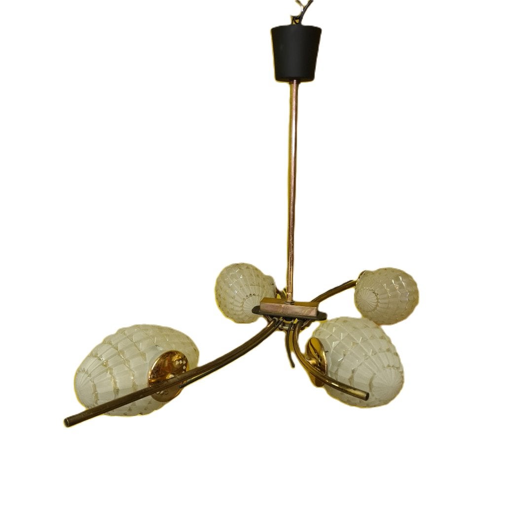 Frans design hanglamp met glas, jaren 60, Vintage, Ophalen of Verzenden, Glas, B22 (Bajonetsluiting)